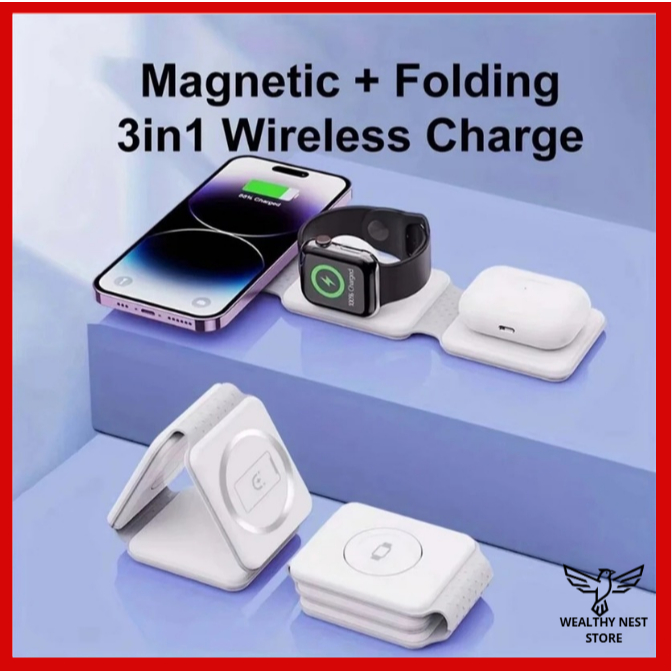 Carregador Magnético Magsafe Sem Fio Dobrável 3 Em 1 Para iPhone, AirPods, Apple