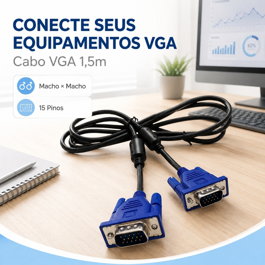 Cabo VGA 1,5m Macho x Macho com Filtro Para Monitor Projetor e Computador com Entrada VGA