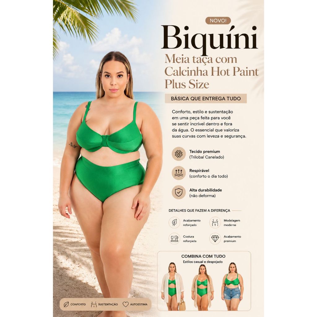 Biquíni Meia Taça Retrô Canelado com Bojo e Aro, Calcinha Semi Fio Duplo – Moda Praia Verão