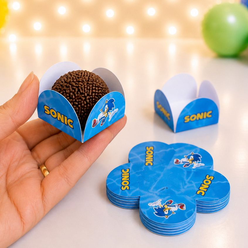 Forminhas para Docinhos Sonic Personalizadas 4 Pétalas Brigadeiro Festa Aniversário Doces