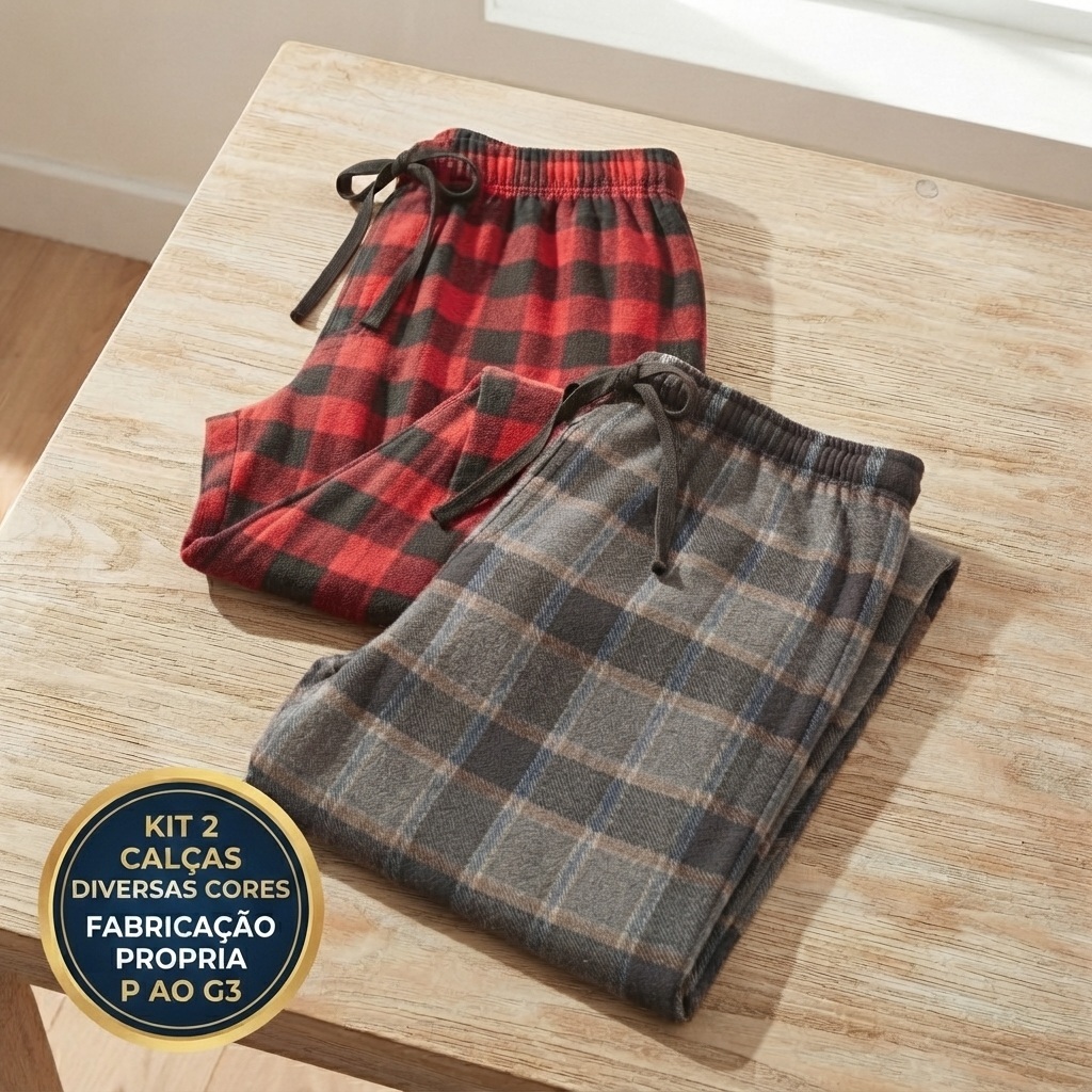 Kit 2 Calças Pijama Flanela Xadrez Quentinho Unissex Algodão P ao G3 Fabricação Própria