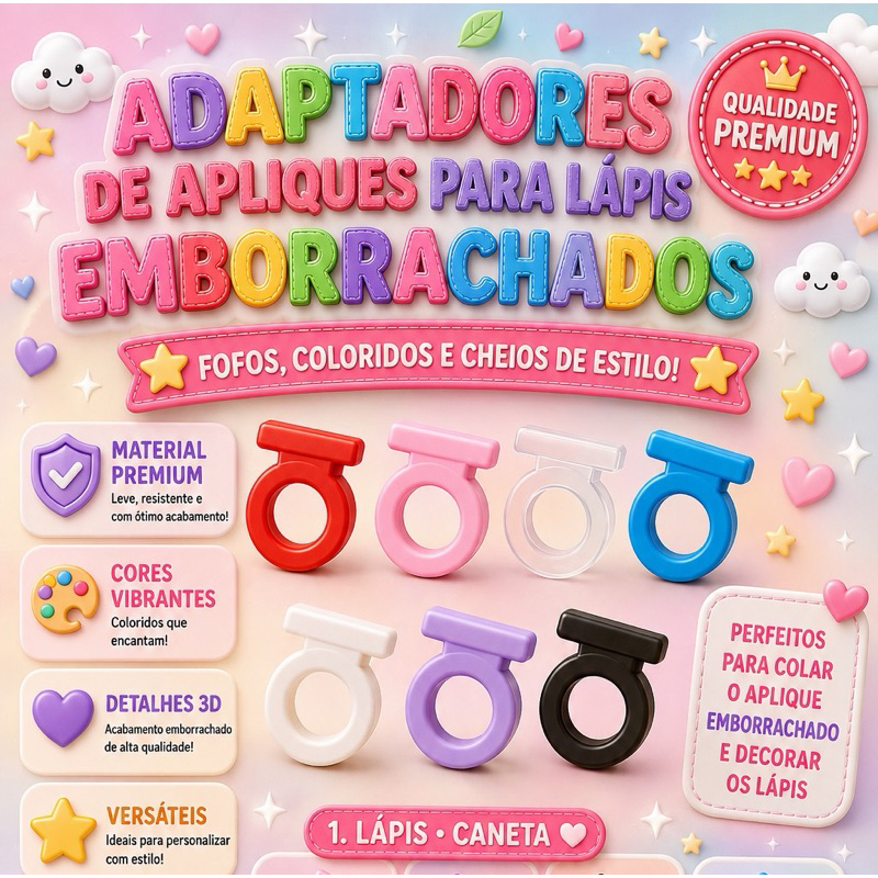 Kit 70/60/50 unidades Adaptador de Aplique Colorido Para Lápis ou Caneta Encaixe Emborrachado de PVC