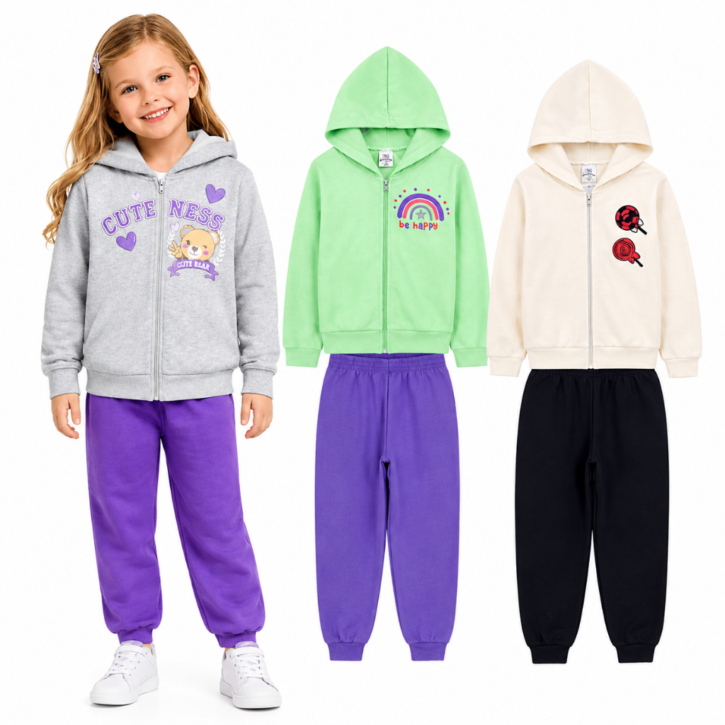 Kit 4 Peças Moletom Infantil Feminino com Zíper – Conjunto Meia-Estação para Menina