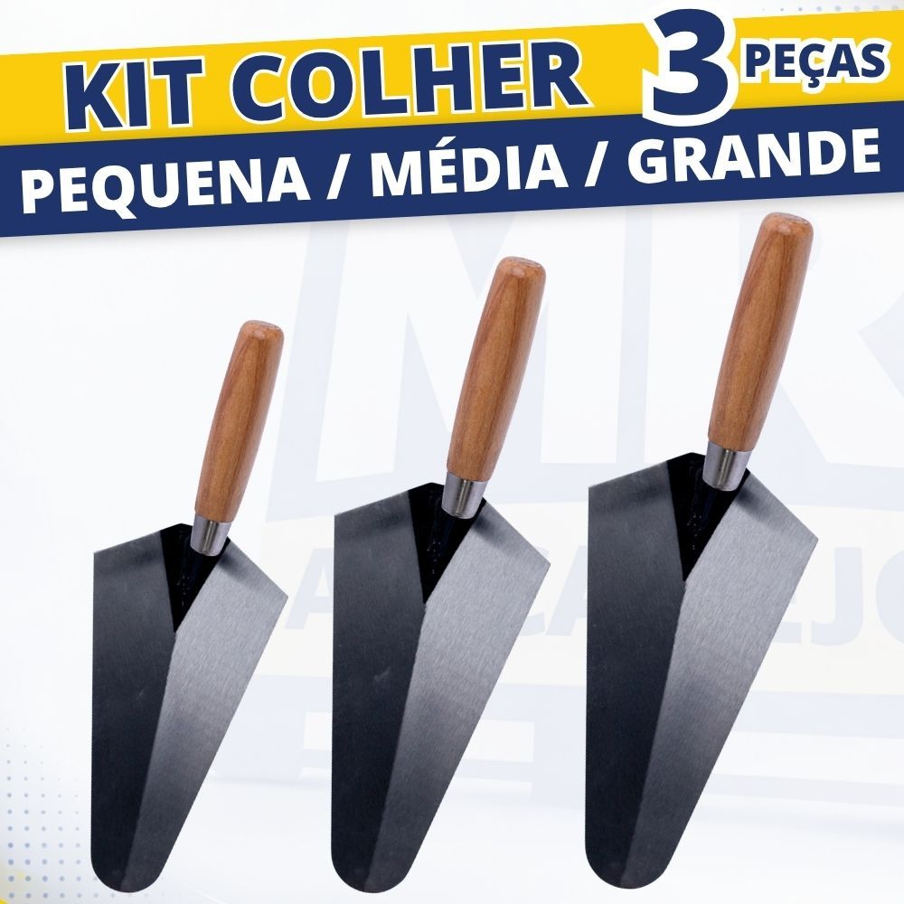 Kit Colher de Pedreiro Profissional Ferramentas de Pedreiro Canto Reto Pequena Média e Grande Com 3