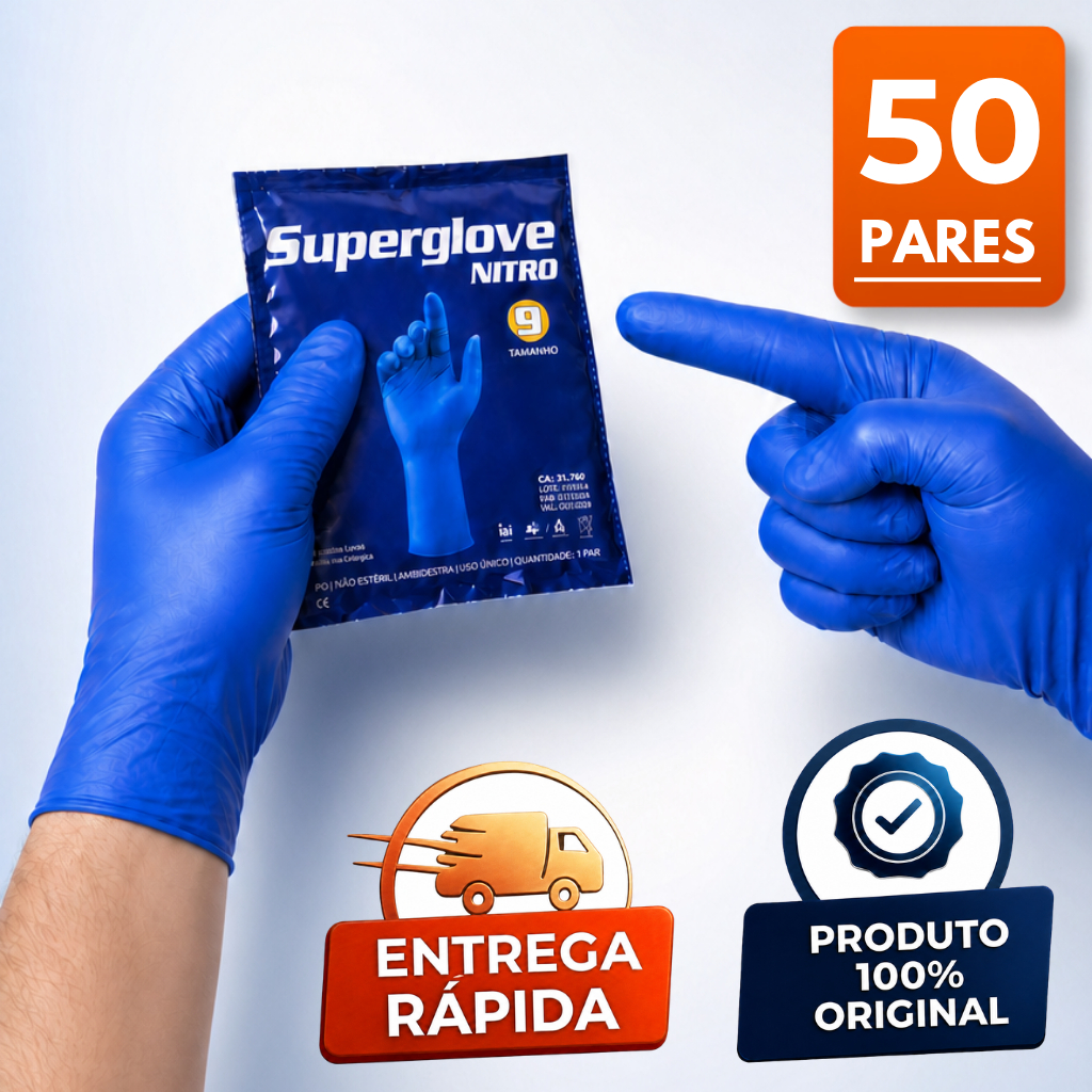Kit 50 Pares Luvas Nitrílica Multiuso Limpeza Proteção Química Segurança Antialergico CA 38011 EPI Superglove nitro