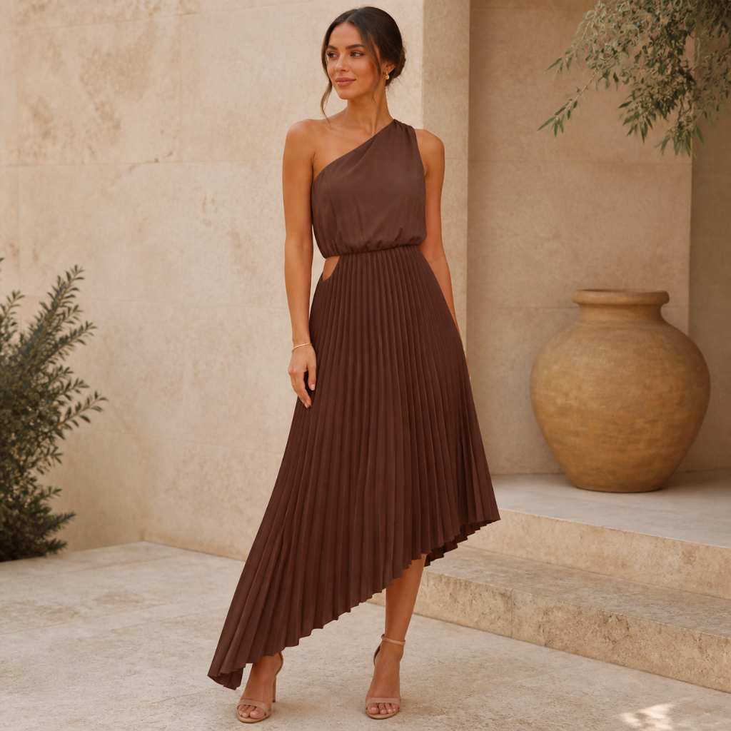 Vestido Feminino Plissado Longo Assimétrico Elegante Festa Verão Casual Chic Moda ref 251032