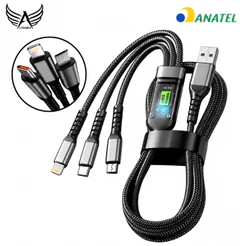 Cabo 3 em 1 Carregador Turbo 100W Tipo C Micro USB Lightning Carregamento Rápido