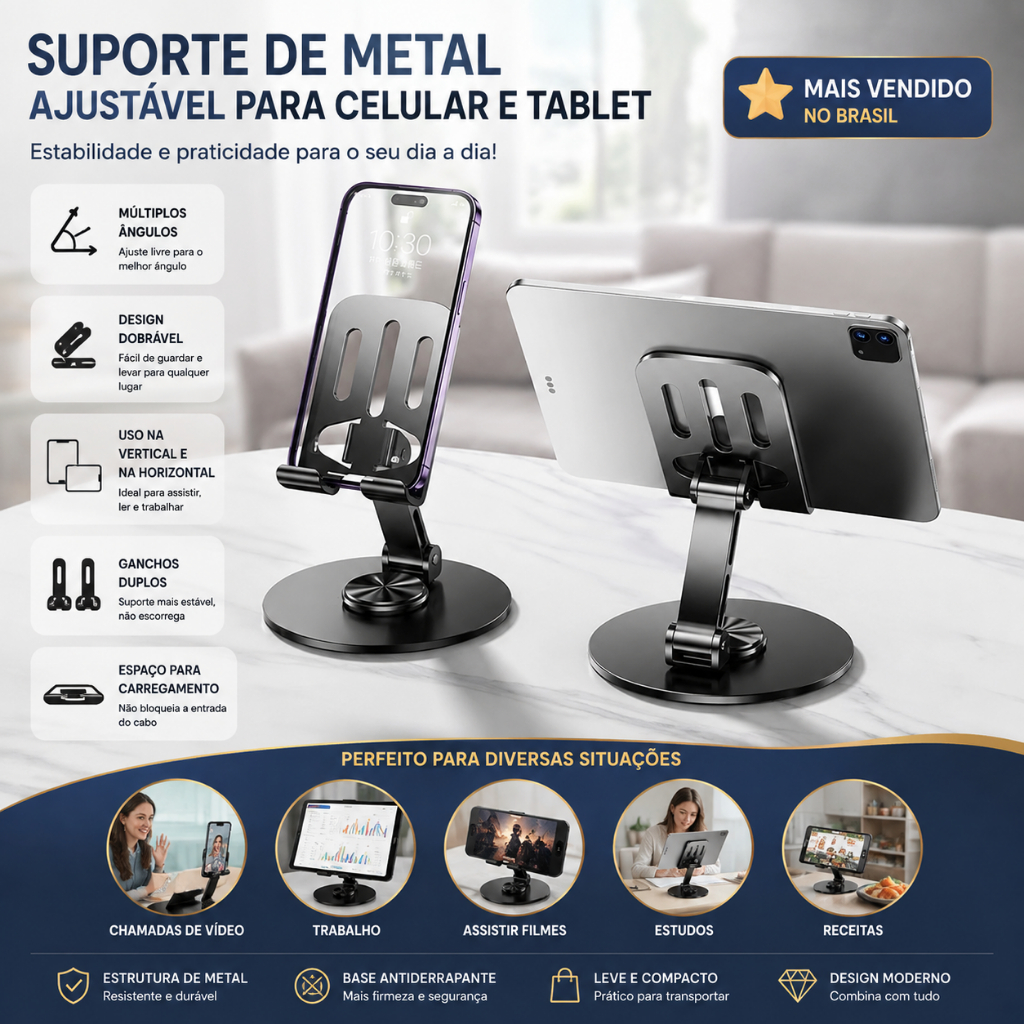 Suporte Alumínio de Mesa Base Rotatória Ajustável 360º Para Smartphones e Tablets · foto 2