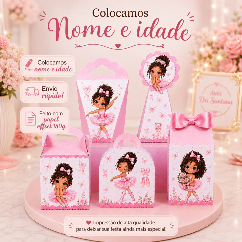 Kit Caixinhas Personalizadas Bailarina "Pegue e Monte" Festa Infantil Aniversario lembrancinha