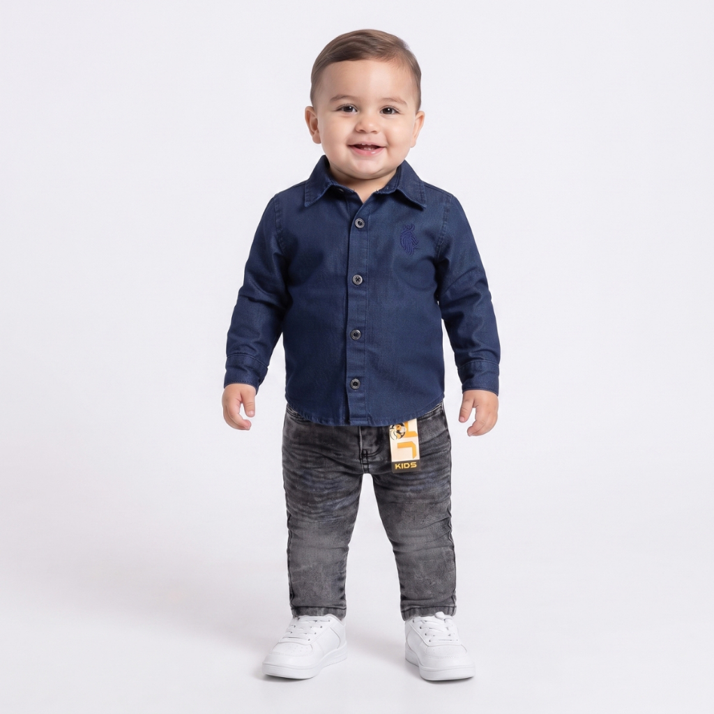 combo camisa jeans manga longa + calça jeans com ajuste interno e elastano Tam 1,2,3,4,6,8 anos.