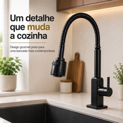 Torneira Gourmet de Cozinha Bancada Flexível Mesa Preta Black Pia 1/4 de Volta
