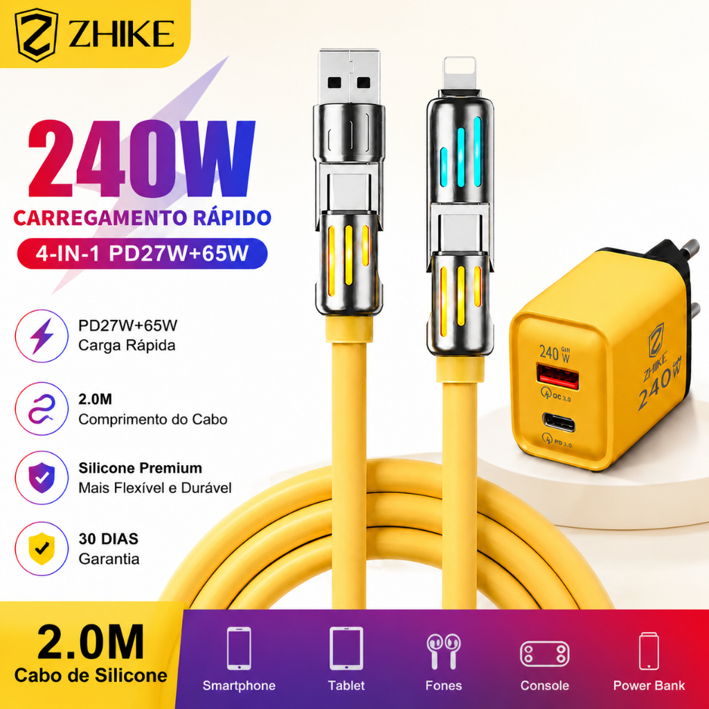 Cabo Carregador Carregamento Rápido Redondo 4 em 1 USB Tipo C iP Com Adaptador GaN de 240 W Silicone 2.0M Cabo