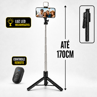 Tripé para Celular 1,70m com Luz LED Bastão de Selfie Controle Bluetooth Suporte 3 em 1