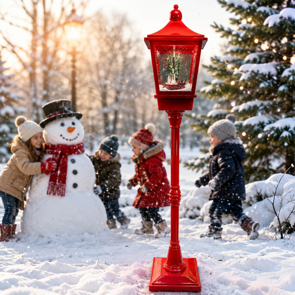 Poste Musical de Natal 1.85m com Neve Luz LED Trenzinho Decorativo Bivolt Vermelho