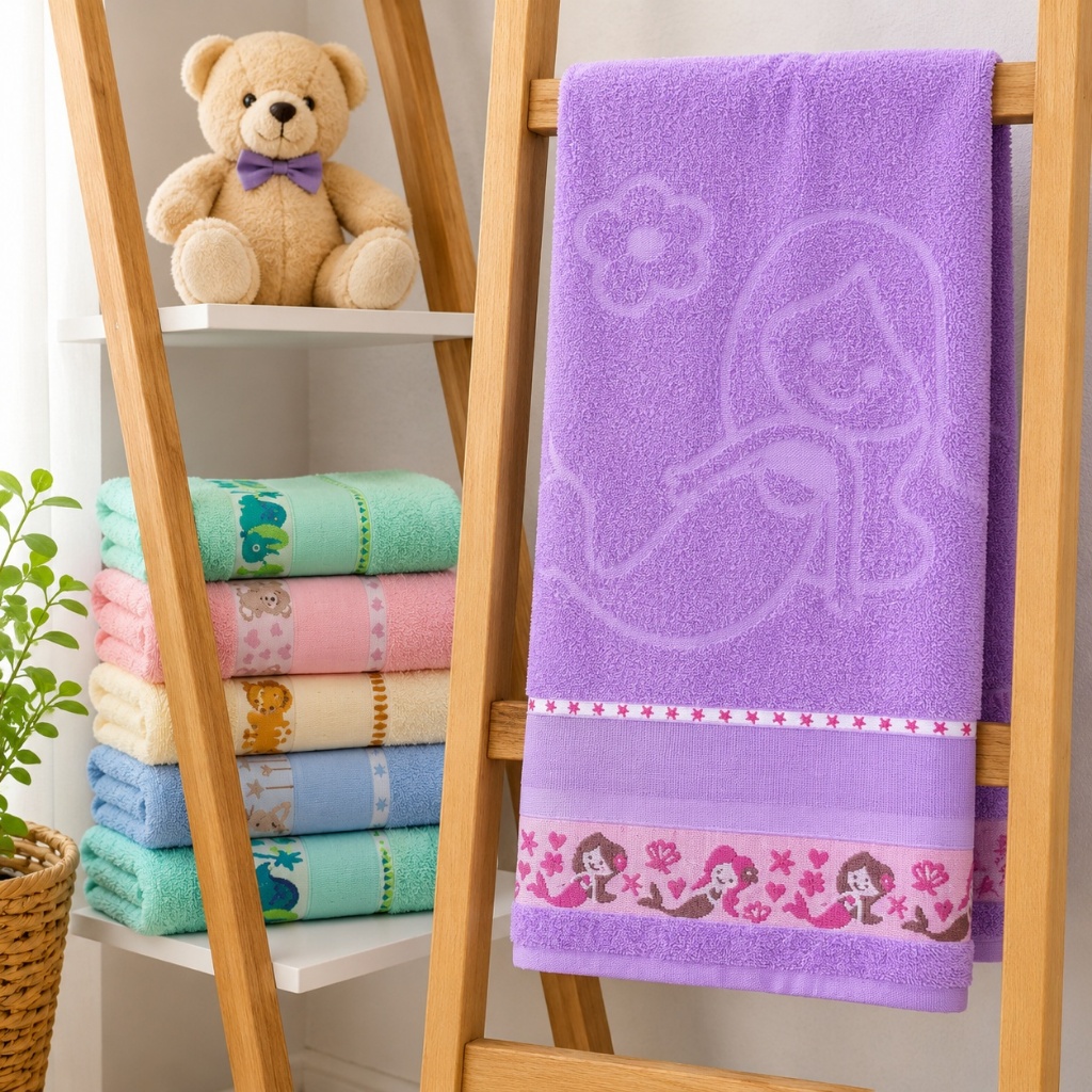Toalhas De Banho Infantil 100% Algodão 75 X 1,10Cm Barras Com Desenhos Bordados