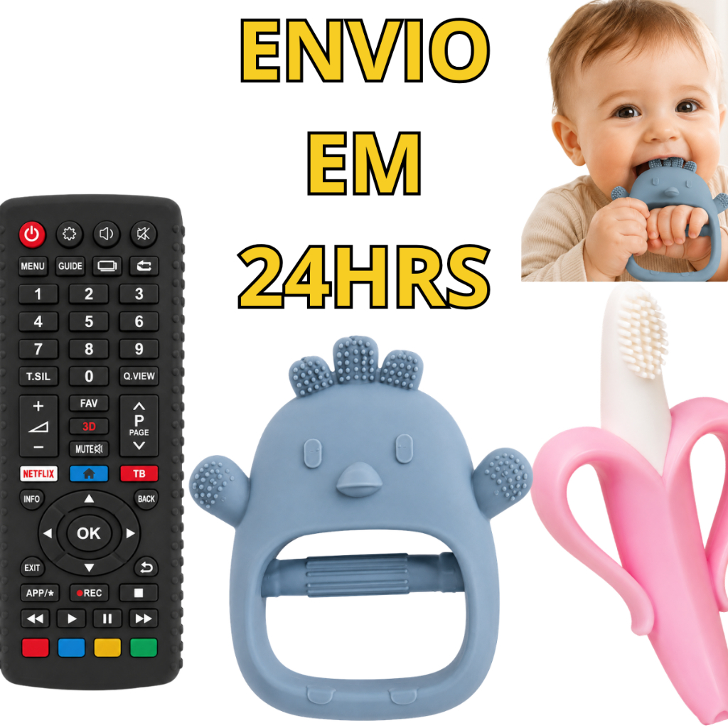Mordedor para Bebê Massageador Gengiva Silicone Escova Anti Estresse Dentição Controle Remoto Banana