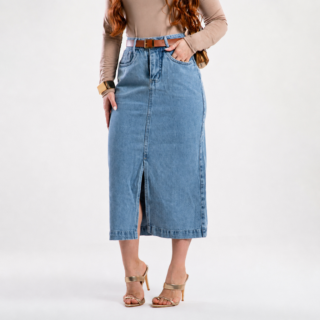 Saia Jeans Midi Longuete Com Fenda E Cinto 7Pallas