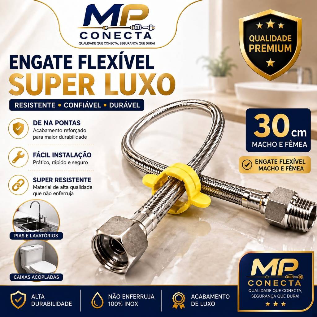 1 Kit com 2 PÇ Engate Flexível Mangueira Super Luxo Aço Inox 30cm 1/2 Polegada Macho/Fêmea Torneiras