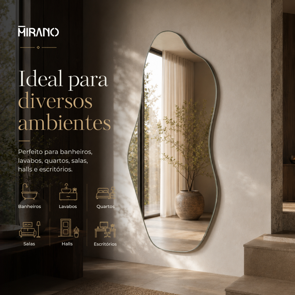 Espelho Mirano Orgânico Madrid 100x40cm Lapidado Grande Moderno Banheiro Lavabo Quarto Parede Luxo