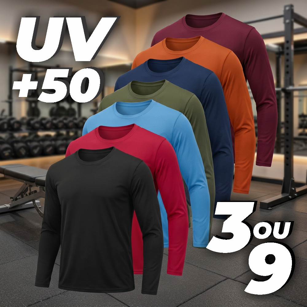 Kit 3 ou 9 Camisa Termica Proteçao UV 50+ Segunda Pele Masculina Academia Manga Longa Cores Variadas