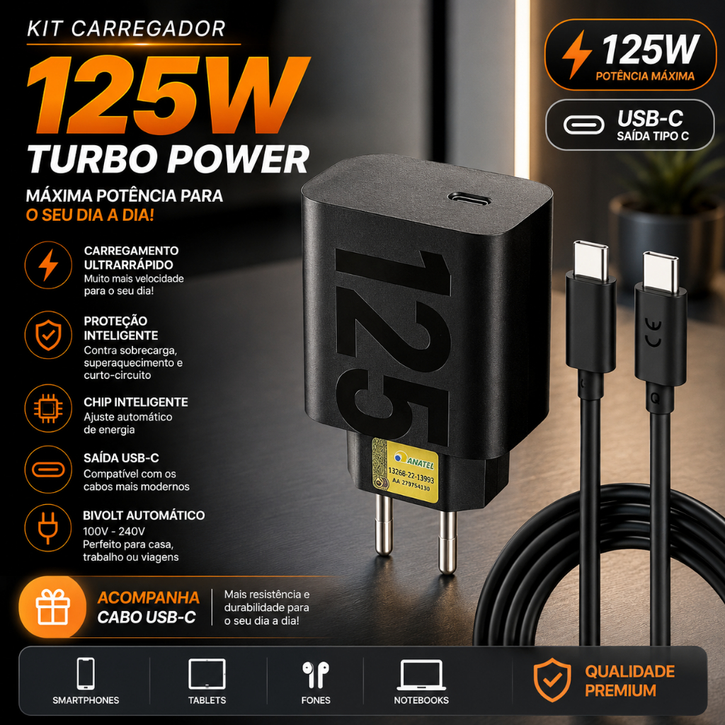 Kit Carregador Turbo 68W E 125W Fonte + Cabo USB-C Tipo C Carregamento Rápido Para Celular Android