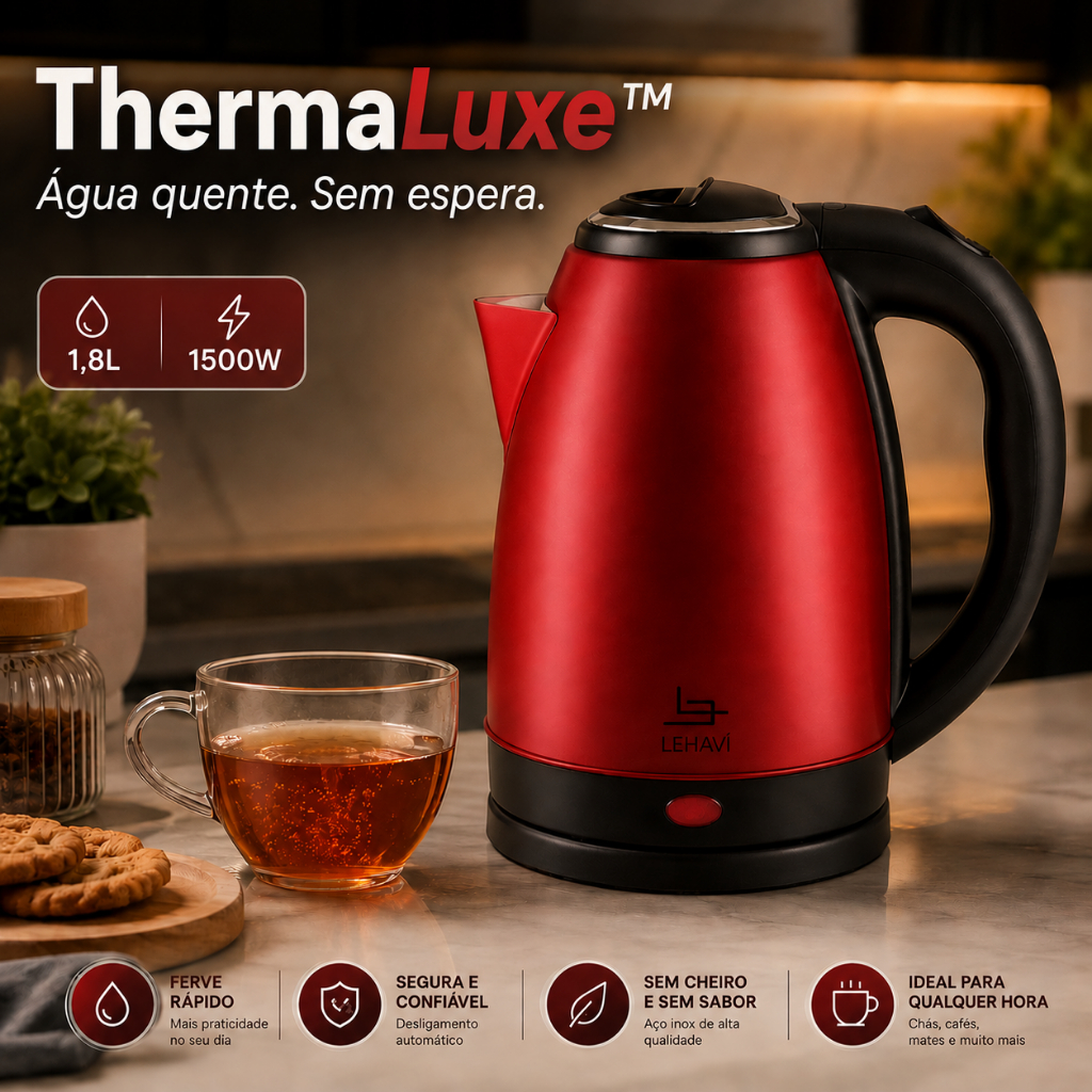 Chaleira Eletrica Inox 1,8 Litros Potência 1500 W Rapida Segura Design Moderno Vermelha 220V