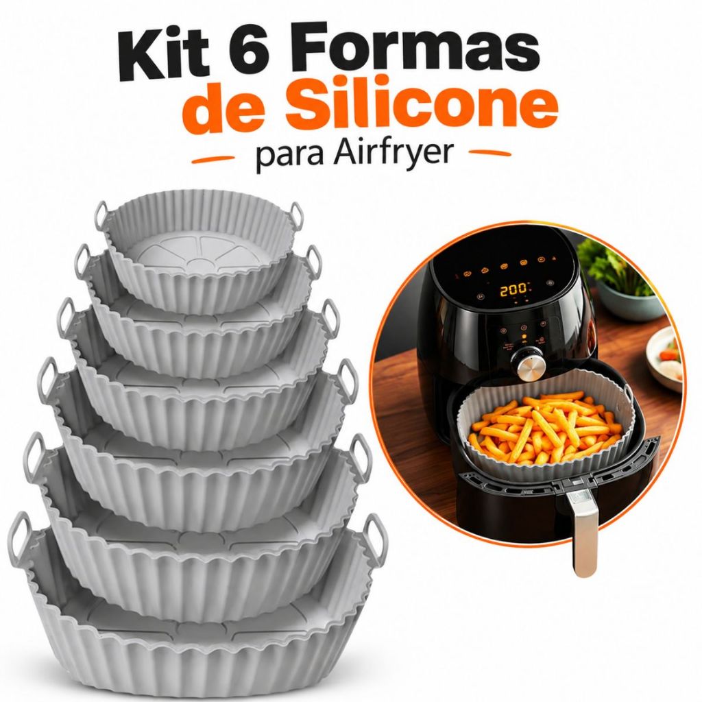 Kit 6 Formas Airfryer Tamanhos Variados Silicone Antiaderente Microondas Lavável com Alça