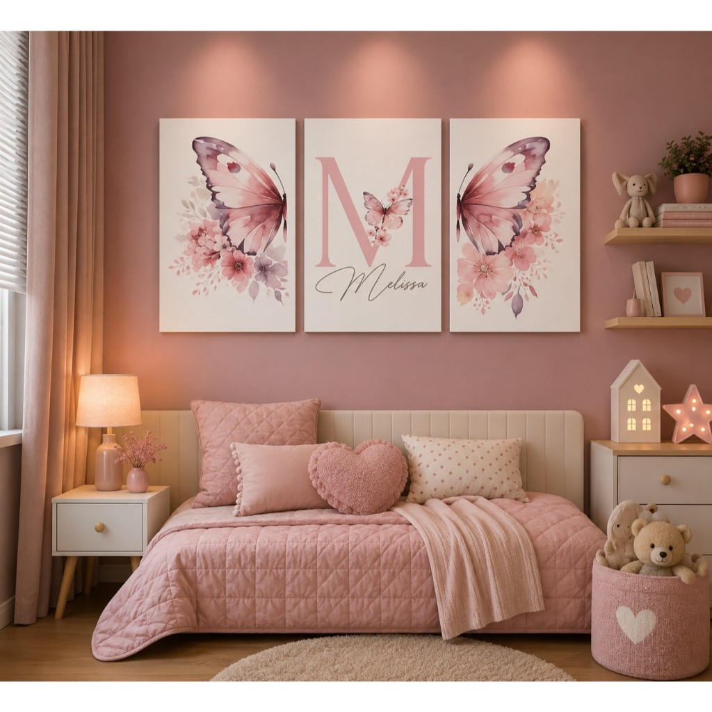 Kit 3 Quadros Infantil Menina Personalizado com Nome Borboletas Flores Decoração Quarto 20x28cm