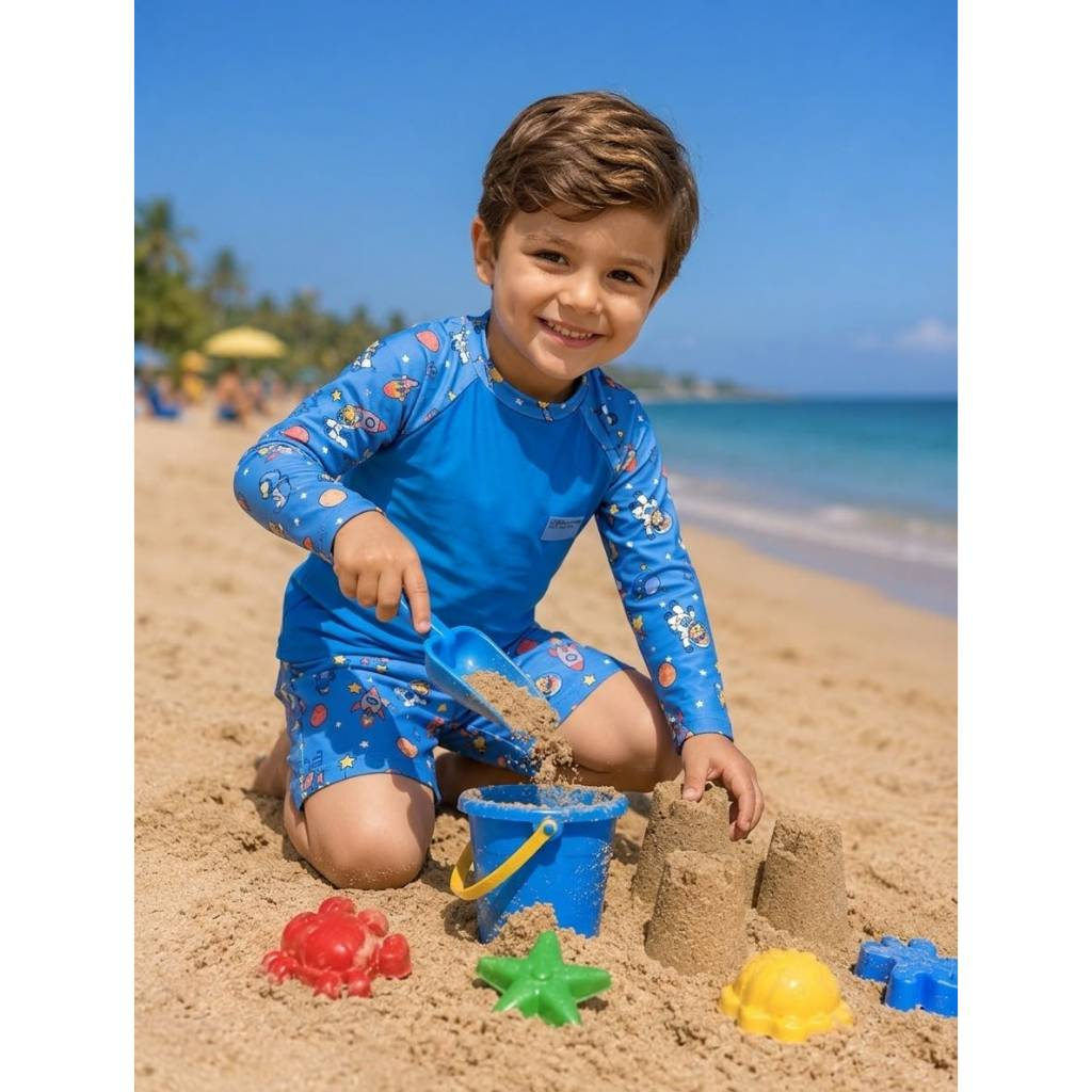 Conjunto Infantil Proteção UV 50+ Com Camisa Manga Longa e Shorts Roupa de Praia E Piscina Estampado