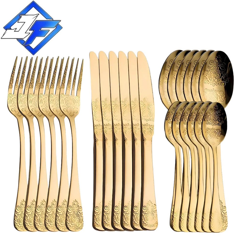 Conjunto de Talheres Dourado Luxo 24 Peças Aço Inox Premium Mesa Posta Desenhado