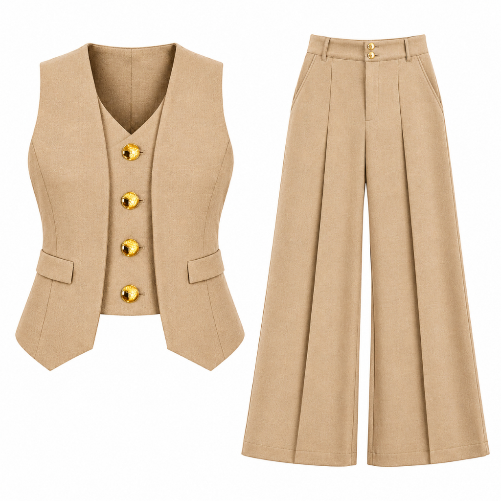 Conjunto Alfaiataria Feminina Luxo Bege Colete Acinturado + Calça Pantalona Wide Leg Premium Elegante & Sofisticad Poá
