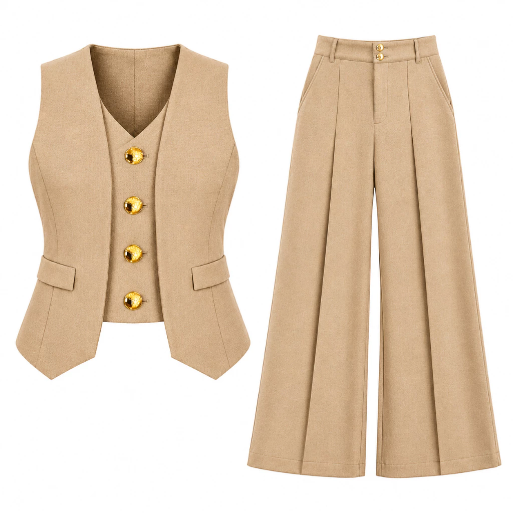 Conjunto Alfaiataria Feminina Luxo Bege Colete Acinturado + Calça Pantalona Wide Leg Premium Elegante & Sofisticad — imagem 1