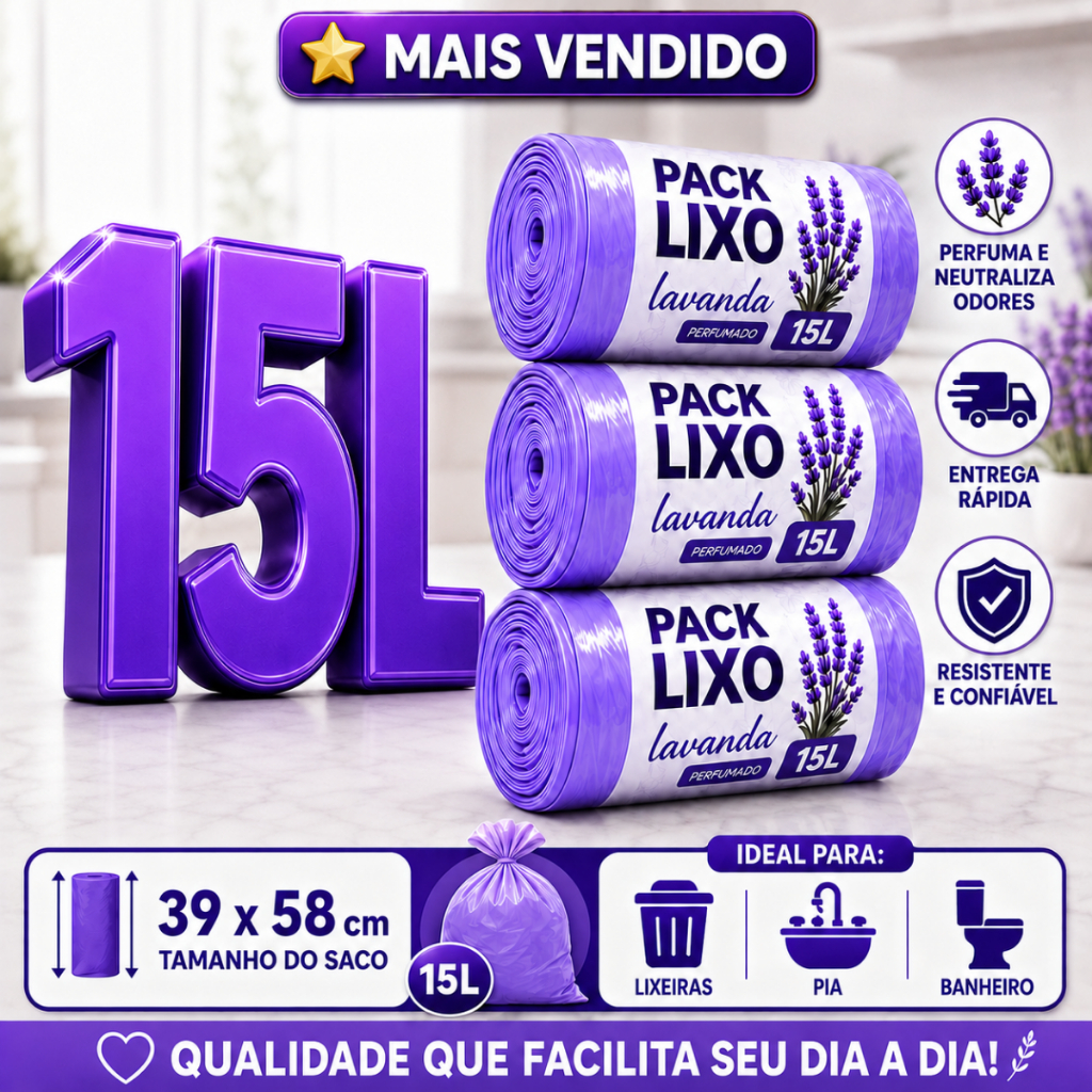 Saco de Lixo Lavanda 15 Litros Perfumado Cheiroso Resistente Anti Insetos Anti Odor Mau Cheiro