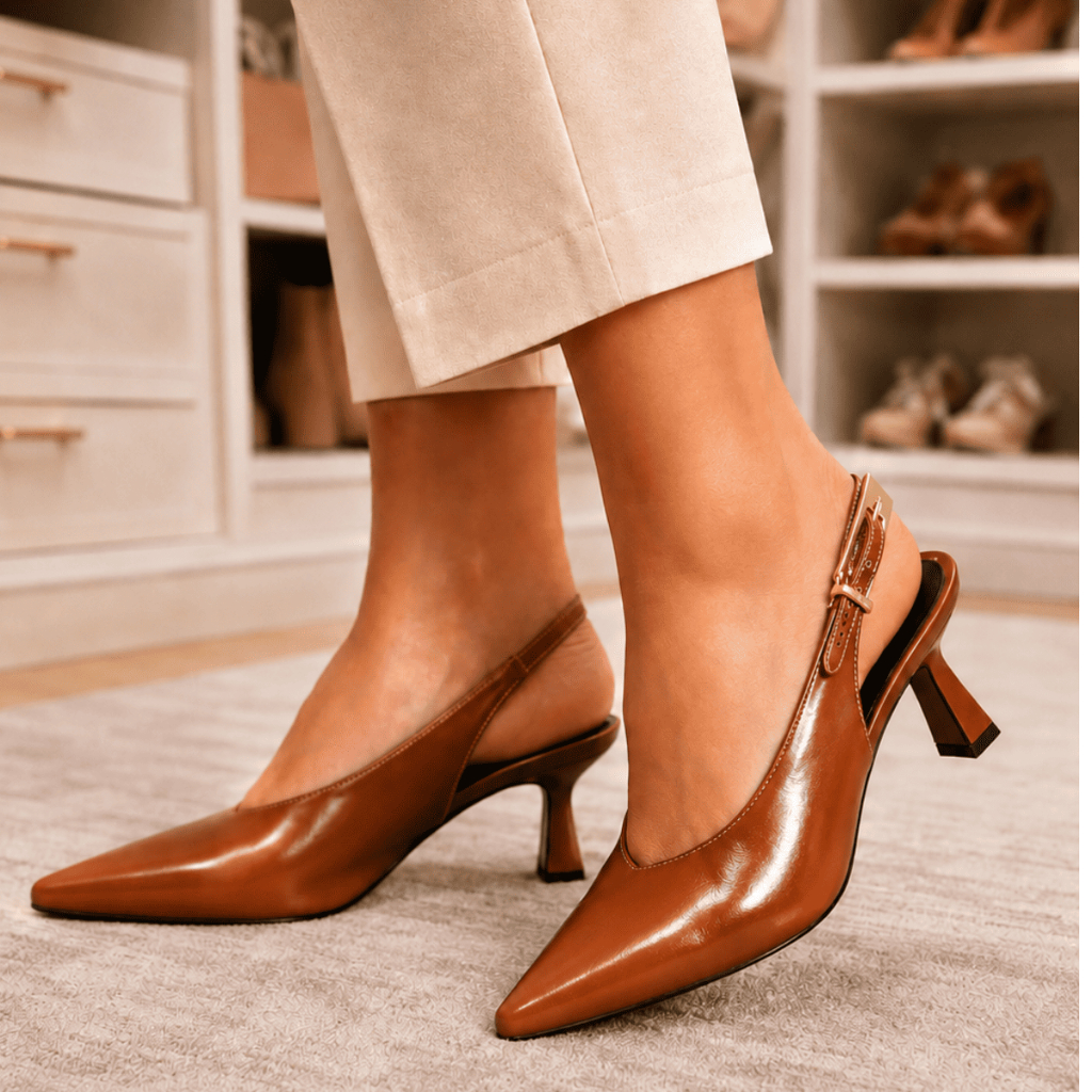 Sapato Slingback Feminino Bico Fino Salto Baixo Scarpin Confortável