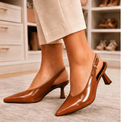 Sapato Slingback Feminino Bico Fino Salto Baixo Scarpin Confortável