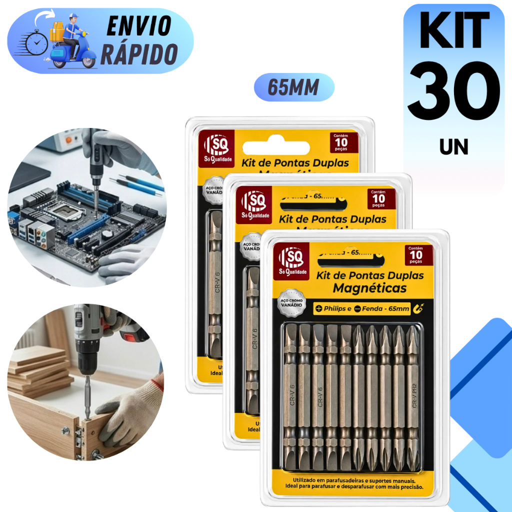 Kit 3 Pontas Bits Duplas Magnéticas Phillips Fenda 65mm Aço Parafusadeira Montagem Móveis