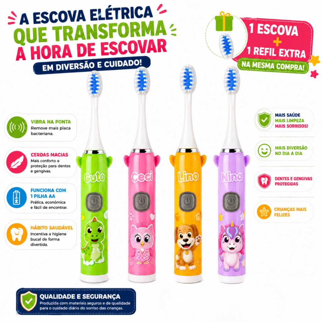 Escova de Dente Elétrica Infantil Personagens Cerdas Macias Refil Extra Vibratória
