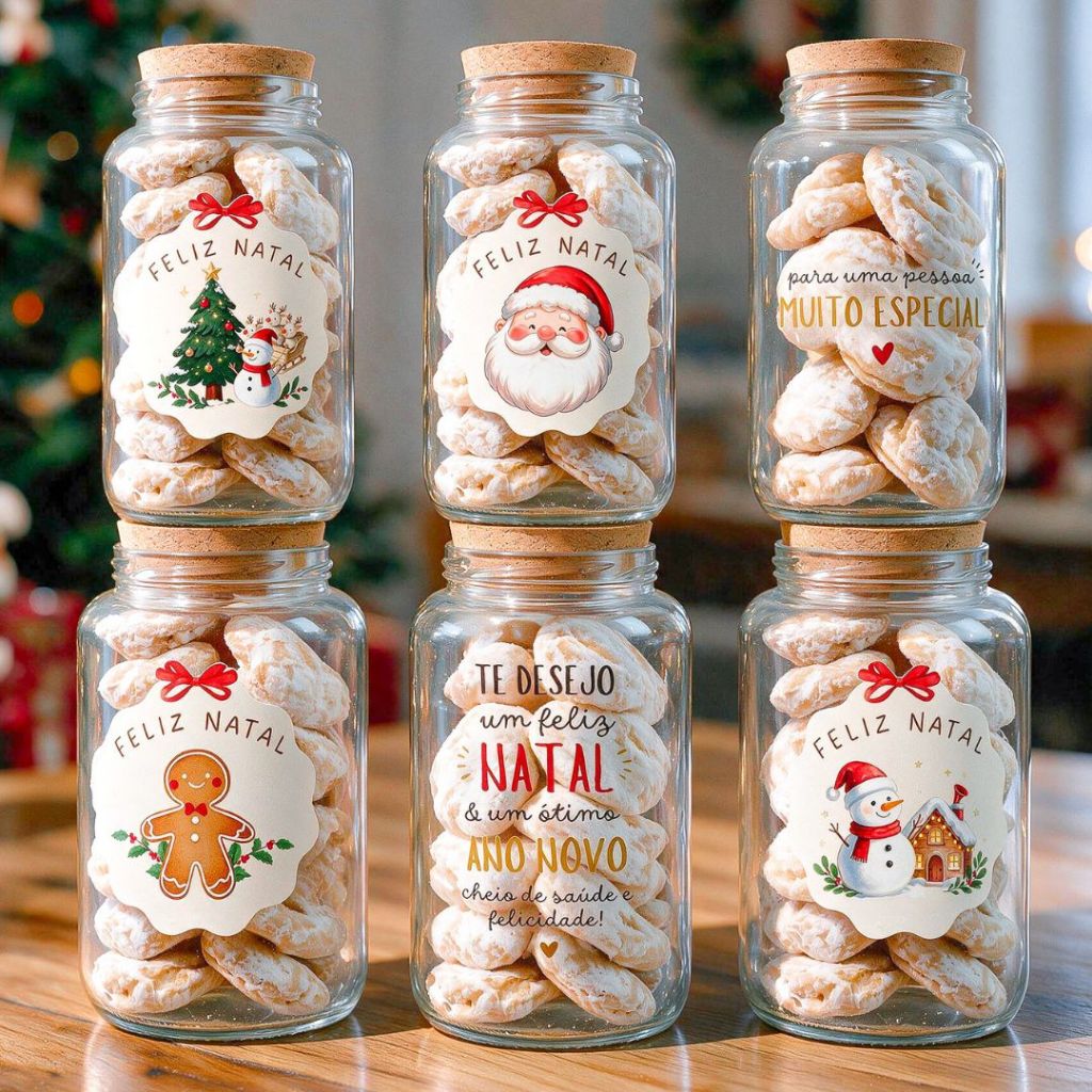 Potes de Vidro Natalinos 810ml | Lembrancinha, Presente de Natal, Biscoitos com Tampa Rolha + Adesivo