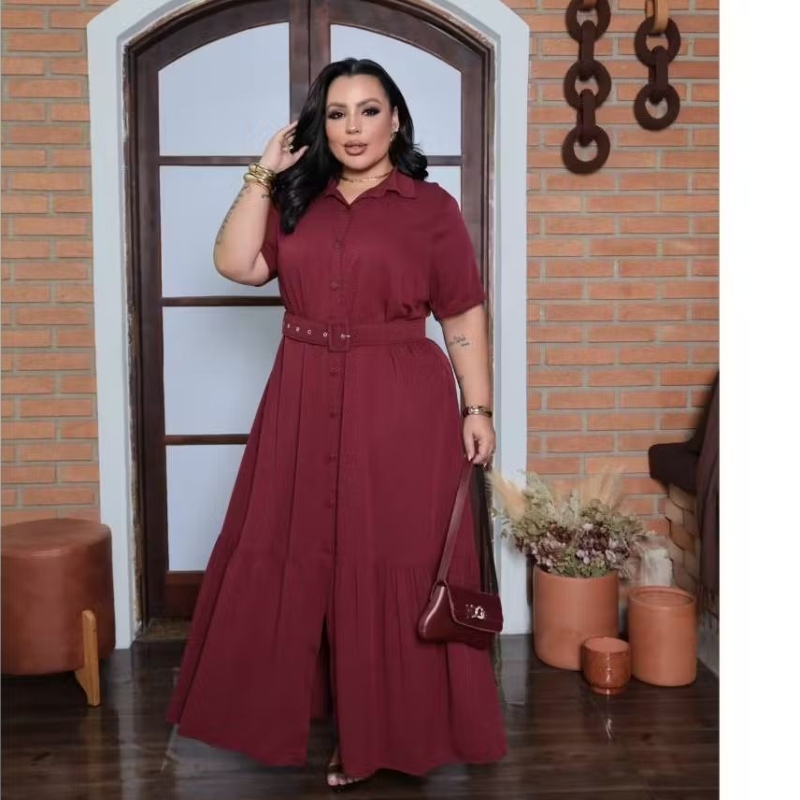 Vestido Chemise Plus Size Longo Com Cinto Cintura Marcada Botões Frontais Elegante Confortável Moda Feminina
