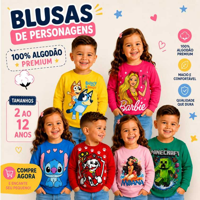 BLUSA MANGA LONGA INFANTIL PERSONAGENS 100% ALGODÃO CAMISETA INFANTIL PERSONAGENS - HULK STITCH FROZEN BLUEY BATMAN
