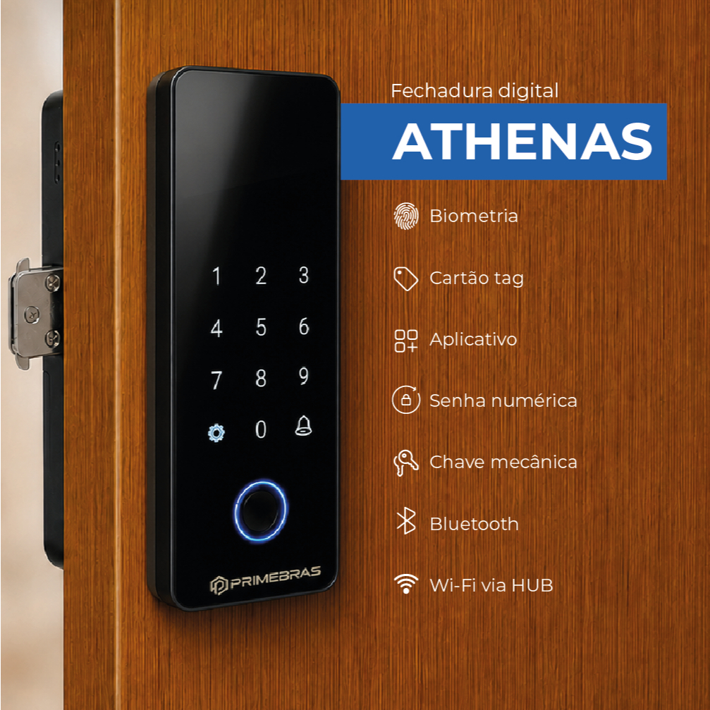 Fechadura Digital Primebras Athenas Sobrepor Biometria Senha Tag Porta Madeira 30 a 70mm IP44