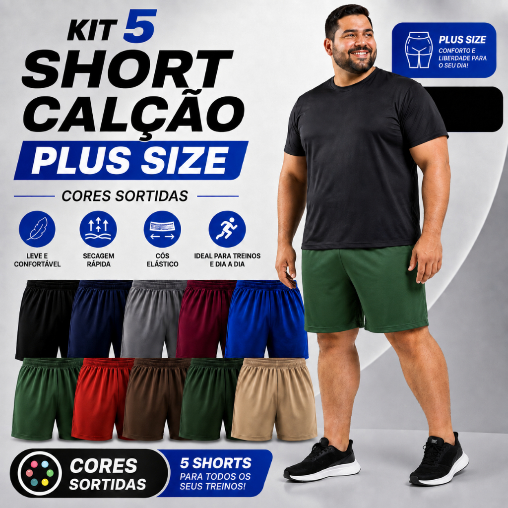 Kit 5 Shorts Calção Masculino Esportivo Academia Corrida Futebol Leve Cores Sortidas Plus Size Tam P ao G3