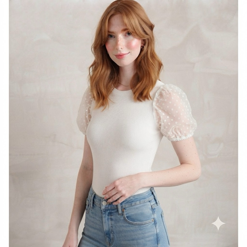 Blusa Feminina Canelada Manga Tule Poá Bufante Gola Redonda Casual Elegante Moda Feminina