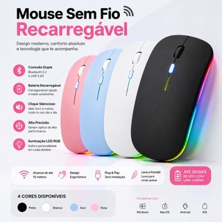 Mouse Sem Fio Recarregável LED RGB Ergonômico Conforto Home Office Notebook PC Silencioso