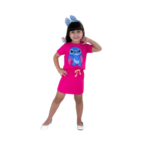 Conjunto Infantil Menina verão Blusa e Saia Conjunto menina infantil Stitch e Lilo moda Blogueira Personagens