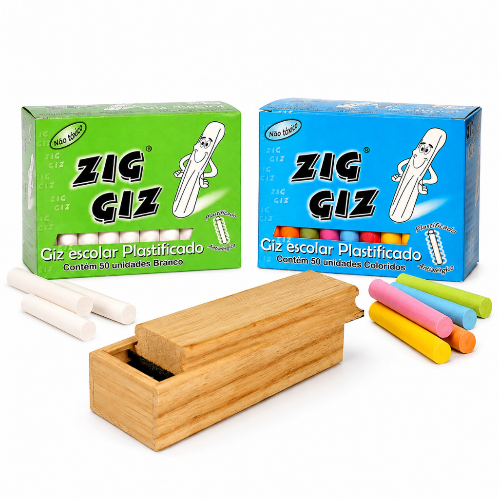 Kit Giz Escolar Branco e Colorido Plastificado 50 Unidades Apagador Lousa Quadro Negro Antialérgico Não Suja