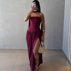 VESTIDO FEMININO LONGO COM FENDA E DRAPEADO NA CINTURA MODA PATY