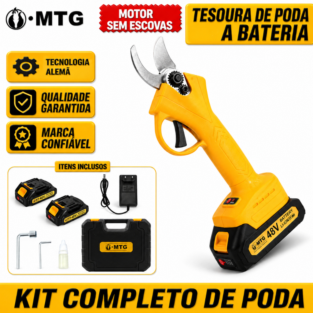 Tesoura Elétrica De Poda Sem Fio Profissional Kit Completo 2 Baterias Recarregáveis Corte Preciso para Jardim