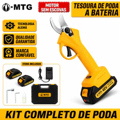 Tesoura Elétrica De Poda Sem Fio Profissional Kit Completo 2 Baterias Recarregáveis Corte Preciso para Jardim