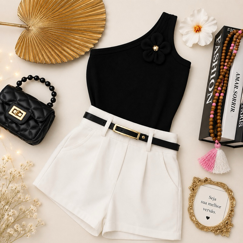 Conjunto Infantil Menina Blusa Flor Delicada Com Short Alfaiataria Conforto e Luxo Look Moda Fashion blogueirinha:)